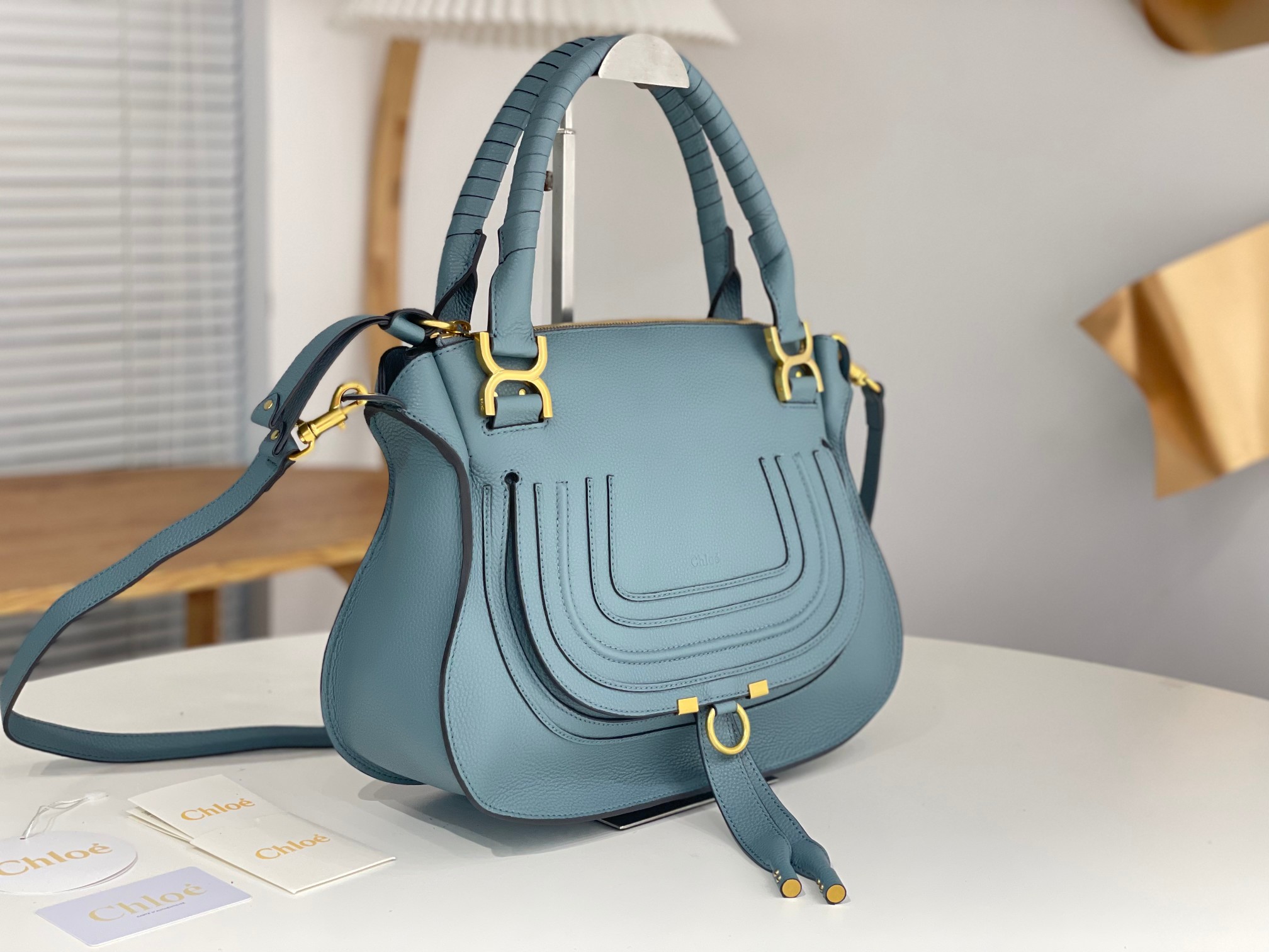 Chloe Large Marcie Bag In Light Blue Grained Leather